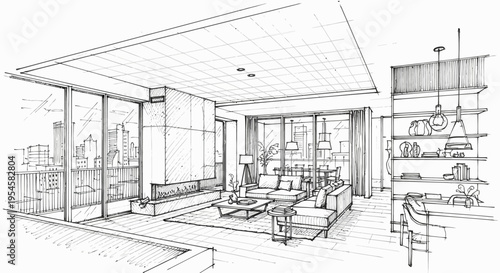 Modern Apartment Architectural Sketch of a Stylish Living Room with City Views