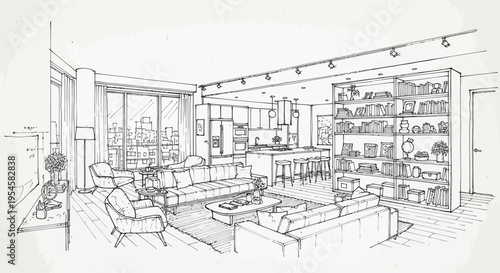 Conceptual hand-drawn sketch detailing a luxurious contemporary home interior, featuring a spacious living room and integrated kitchen design