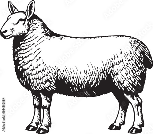 Sheep Standing Side Profile Black and White Vector Illustration Farm Animal