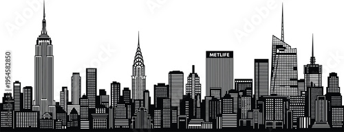 New York City skyline silhouette vector illustration featuring iconic Manhattan skyscrapers urban architecture panorama isolated on white background for design