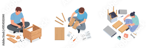 Flat vector illustration set of a person sitting on the floor assembling furniture, home improvement lifestyle activity, no outline, white background