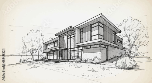 Detailed architectural sketch illustrating a modern luxury house design with clean lines, large windows, and a sophisticated contemporary aesthetic