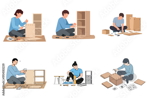 Flat vector illustration set of a person sitting on the floor assembling furniture, home improvement lifestyle activity, no outline, white background