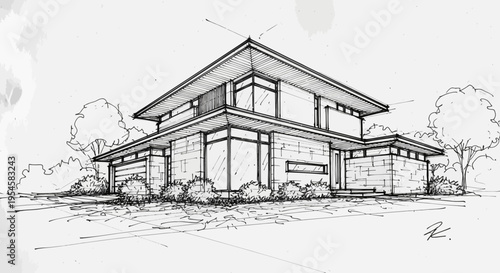 Detailed hand-drawn architectural illustration showcasing a modern contemporary house design with clean lines, large windows, and surrounding landscape elements