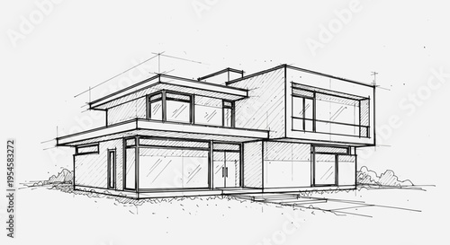 Architectural illustration of a contemporary two-story house, showcasing minimalist design elements and a conceptual blueprint with clean, precise lines and modern aesthetics