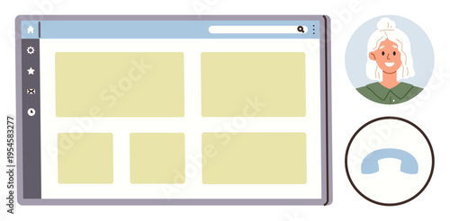 Customer service, digital communication, teleconferencing, user profile design, online interface, web platforms. Web interface layout, user avatar and phone icon. Customer service and digital