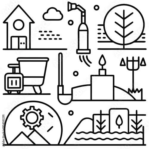 Linear graphic illustration that embodies the essence of agriculture, featuring a collection of line art symbols related to farming and cultivation.