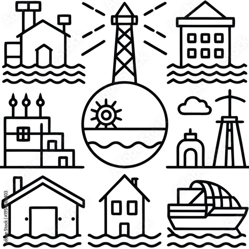 A collection of line art illustrations, with various elements of buildings, a lighthouse and a boat, all presented in a clean and modern style.