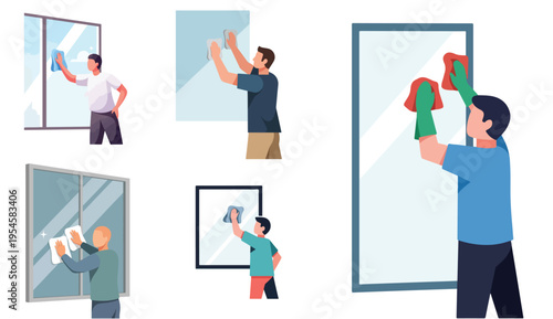 Flat vector minimalist illustration set of a person cleaning a window, everyday household scene, no outline, white canvas