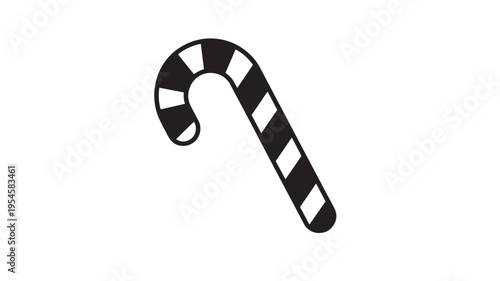 Candy cane icon with alternating black and white stripes and a curved hook for holidays and celebrations