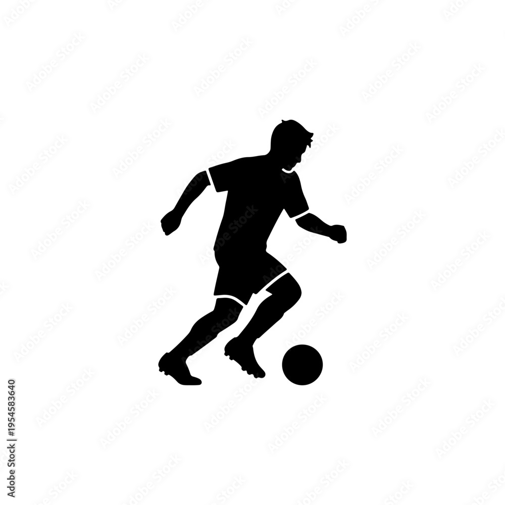 Naklejka premium Solid black silhouette of soccer player dribbling ball in motion Vector illustration