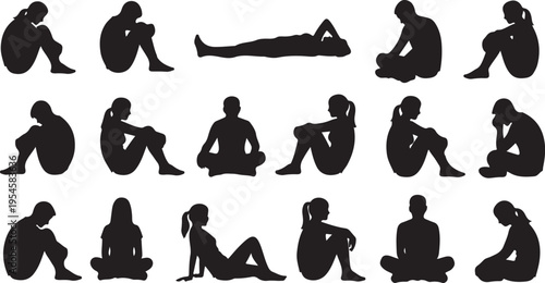 Collection of various human silhouettes in different poses sitting
