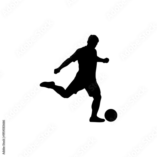 Solid black silhouette of football player kicking ball action sports scene Vector illustration