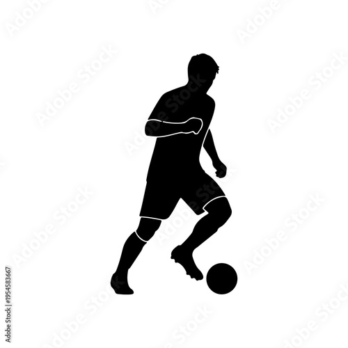 Solid black silhouette of player dribbling soccer ball dynamic motion icon Vector illustration