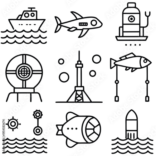 A collection of minimalist icons featuring a diverse array of transport and technological elements, each precisely illustrated to convey their essence.