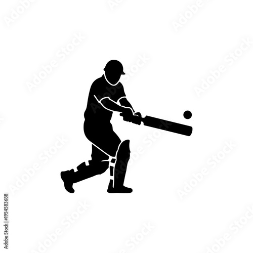 Solid black silhouette of cricket batsman hitting ball action sports icon Vector illustration