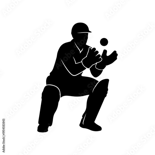 Solid silhouette of wicketkeeper catching a fast moving cricket ball Vector illustration