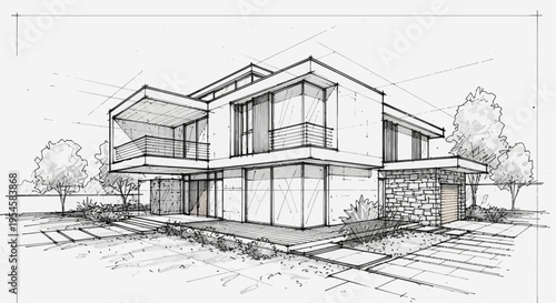 Architectural sketch of a modern residential villa showcasing clean lines, expansive windows, and lush landscaping