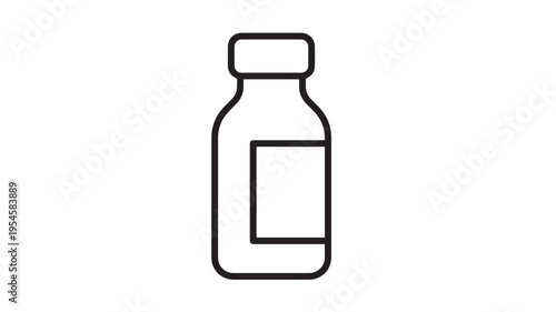 Bottle icon with label in outline style, representing medicine or a scientific substance in a simple minimalistic design.