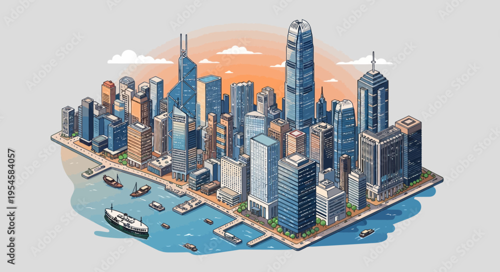 Fototapeta premium Vibrant Isometric Urban Landscape Detailed Architectural Illustration of a Modern Metropolis Skyline with Harbor and Busy Waterfront, Emphasizing Dynamic City Life and Contemporary Development