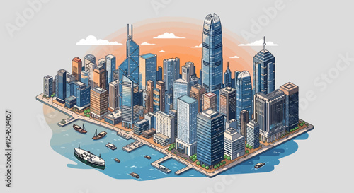 Vibrant Isometric Urban Landscape Detailed Architectural Illustration of a Modern Metropolis Skyline with Harbor and Busy Waterfront, Emphasizing Dynamic City Life and Contemporary Development