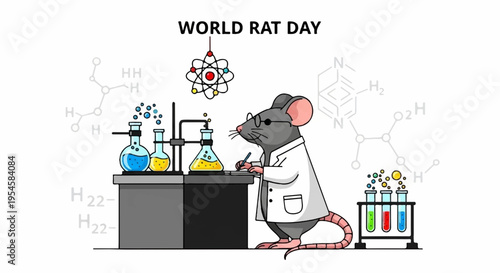Lab rat in white coat working at a science lab table with beakers and test tubes on world rat day