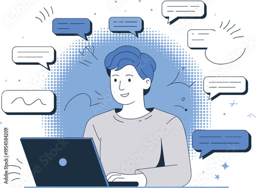 Online chat communication concept, social media messaging, digital conversation, customer support, remote work laptop user, vector illustration