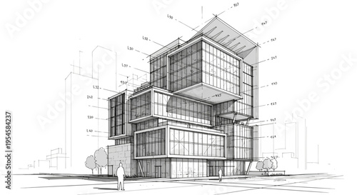 Detailed architectural sketch illustrating a visionary contemporary building design, an innovative urban concept blending modern aesthetics and structural complexity