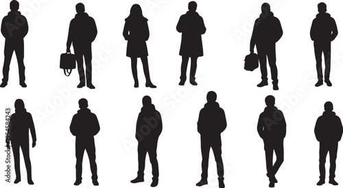 Silhouettes of people standing in various poses and outfits