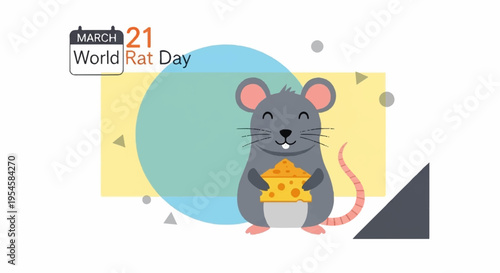 Whiskers on world rat day a gray rat holds a bowl of cheese surrounded by geometric shapes and colorful background