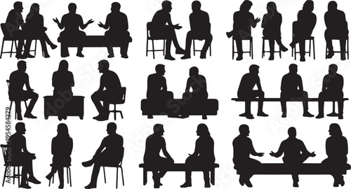 Silhouettes of people sitting and standing in various positions