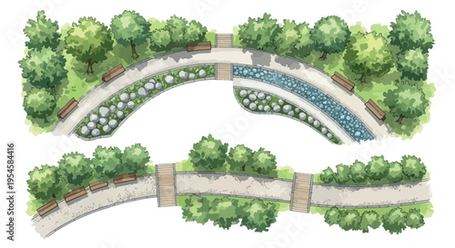 Top-down vector illustration of two park landscape designs with green trees, bushes, curved paths, benches, and a blue water feature, ideal for architectural plans and urban planning projects.