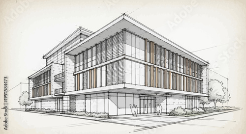Dynamic hand-sketched architectural rendering showcasing a sleek modern commercial building, highlighting contemporary design and urban development concepts