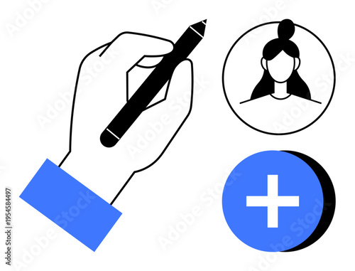 User management concept. User management through a hand with pen, a female avatar, and a plus symbol. User management in profiles, account creation, and application interfaces. Great for identity