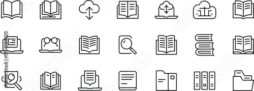 Digital library and online education icons set with cloud storage and laptop symbols