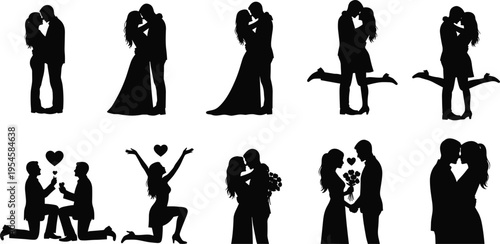 Romantic couple silhouettes set featuring kissing, hugging and marriage proposal moments love relationship valentine theme vector illustration collection