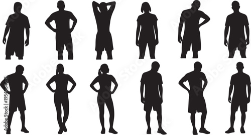 Silhouettes of people in various poses and outfits standing