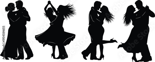 Romantic dancing couples silhouettes collection with hugging partners ballroom dance love relationship celebration isolated vector illustration set