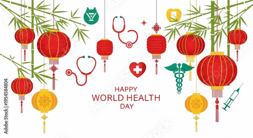 World health day greeting with medical symbols and colorful lanterns on white background