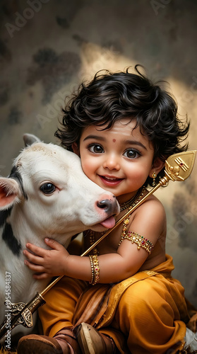 Little Kartikeya Swami holding calf adorable divine child Murugan Hindu god spiritual devotion cute baby form Indian mythology Kartikeya artwork