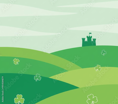 Green rolling hills with a distant castle and clover leaves, perfect for St