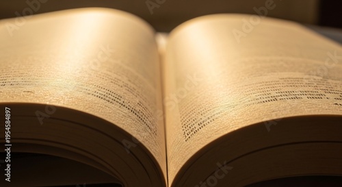 Close-up of an open antique book with aged pages illuminated by warm light.