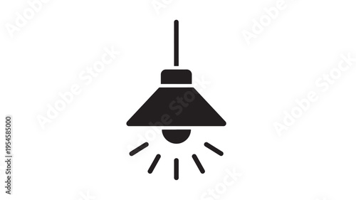 Lamp icon black simple silhouette hanging from a cord with light rays emanating from the bulb featuring modern, design, graphic with energy and power