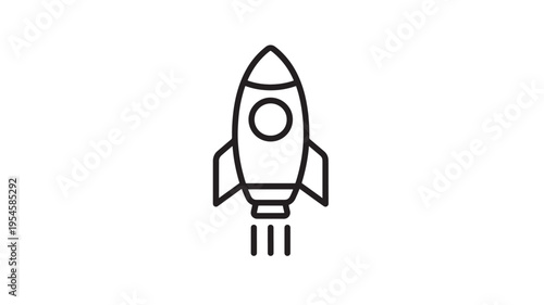 Rocket icon with a circular window and tail fins, launching with exhaust fumes depicted as three vertical lines on a white background.