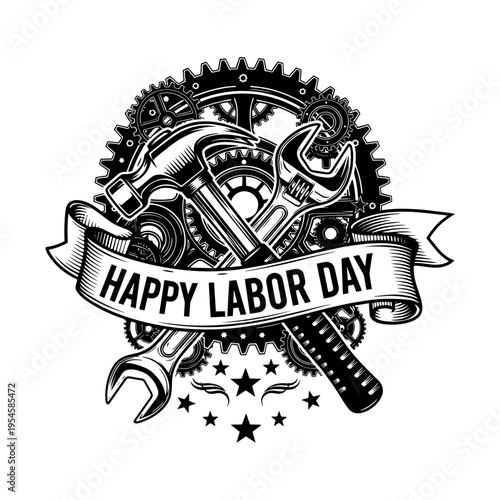 A strong celebratory vintage illustration emblem design featuring tools and gears, perfect for honoring workers on Happy Labor Day.