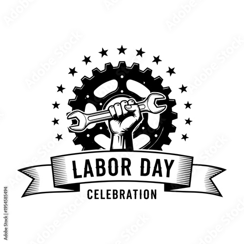 A determined and celebratory Vintage illustration for Labor Day featuring a fist holding a wrench in front of a gear with stars on a ribbon banner