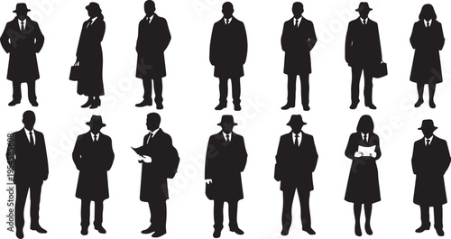 Silhouettes of business people in various professional poses and attire