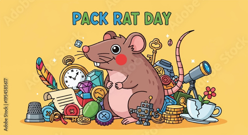 Brown cartoon rat surrounded by colorful clutter and treasures on yellow background