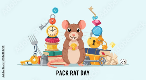 Brown mouse surrounded by colorful toys and kitchen items on a table pack rat day concept with whimsical illustration