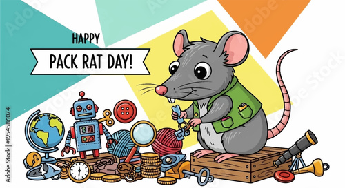Whiskered rat in green vest collects toys on wooden plank with robot and globe on colorful background